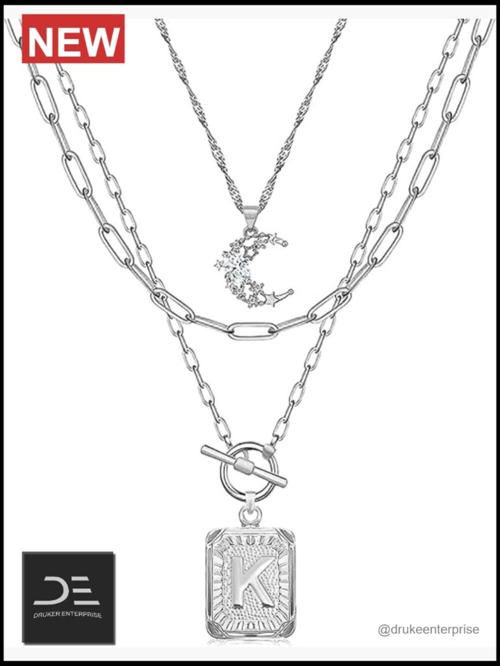 Layered Initial Necklace Set, 14K Gold Plated Brass, Paperclip Chain, Square